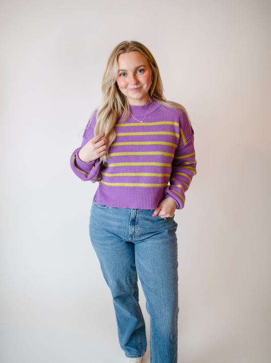 Knit Striped Sweater With Side Slits- Lavender